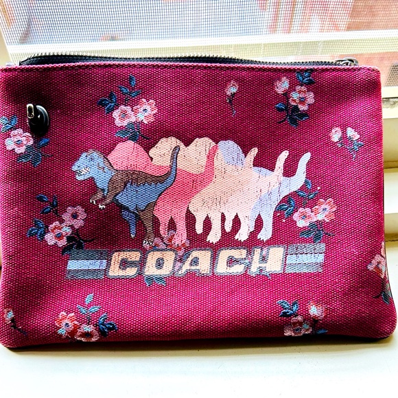 COACH Lexi 51229 Clutch Bag Dinosaur Floral Print Burgundy Canvas W/Leather Trim - Picture 3 of 6